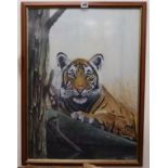 Ranthambore School of Art, oil on silk, Study of a tiger lying on a branch, 1996, signed Sunil