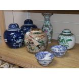 Two Chinese prunus patterned jars and covers and five other items tallest 26cm