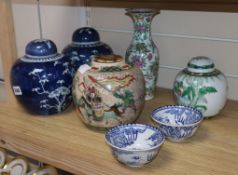 Two Chinese prunus patterned jars and covers and five other items tallest 26cm