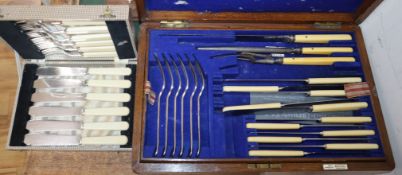 A Victorian oak cased canteen of cutlery and a cased set of six fish knives and forks