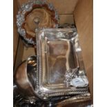 A plated entree dish and cover, a pair of silver-mounted hip flasks (cased) and sundry plate,