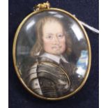 English School, oil on vellum, Miniature of a Oliver Cromwell?, 5 x 4cm