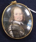 English School, oil on vellum, Miniature of a Oliver Cromwell?, 5 x 4cm