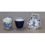 Two Chinese Kangxi blue and white cups and a similar saucer