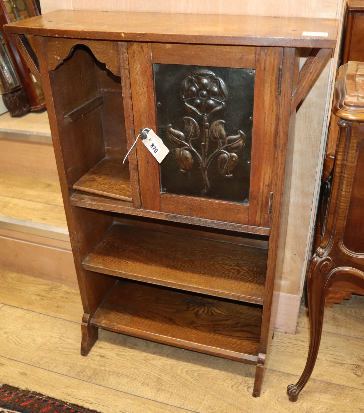 An Arts and Crafts oak bureau / writing cabinet W.68cm