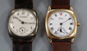 A Waltham 9ct gold wristwatch with enamelled Roman dial and subsidiary seconds and a Tavannes (