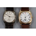 A Waltham 9ct gold wristwatch with enamelled Roman dial and subsidiary seconds and a Tavannes (