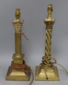 Two brass Corinthian column table lamps