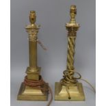 Two brass Corinthian column table lamps