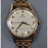 A gentleman's 9ct gold Rolex precision wristwatch, with gilt Arabic numerals, gold handles and blued