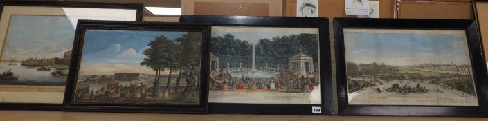 Six assorted 18th century engravings, Views of Rome, Paris and Venice, largest 26 x 41cm