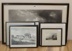 A collection of black and white prints, including a mezzotint by Norman Hirst (1862-1956) after Cox,