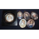 A set of five early 20th century watercolour family portrait miniatures, 6.5 x 5cm approx. and a