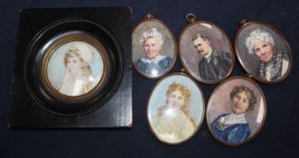 A set of five early 20th century watercolour family portrait miniatures, 6.5 x 5cm approx. and a