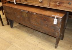 A William III boarded oak sabre chest, dated 1694, later top W.115cm