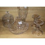 A Waterford Marquis pattern vase cut glass jar and cover and basket and a pair of candleholders