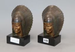 Georges Garreau (1852-1943). A pair of cold painted bronze American Indian bookends, signed height