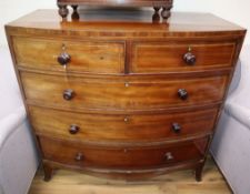 A 19th century mahogany banded and inlaid bow-fronted five-drawer chest W.107cm