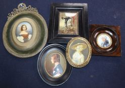 Five assorted oil on ivorine miniatures including Louis XVI and Gentlemen on horseback, largest 8