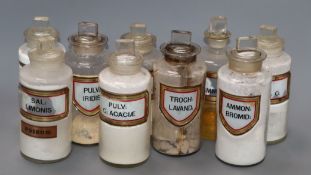 A collection of nine late Victorian chemist's dry drug jars and stoppers, with gilt framed named