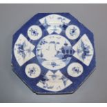 A Bow blue and white octagonal dish, c.1765