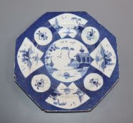 A Bow blue and white octagonal dish, c.1765