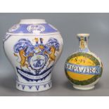 A blue and white drug jar and a Majolica jar tallest 35cm