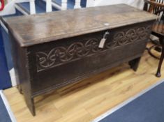 A 17th century oak six plank coffer W.120cm