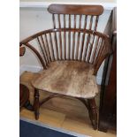 A pair of 19th century yew, ash and elm low stick-back armchairs with cow horn stretchers W.59cm