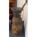 A heavy 19th century bronze mortar and pestle, on stand height 86cm excl. pestle