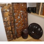 A group of Kenyan tribal carvings, book-ends and lidded pot (10)