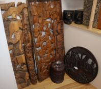 A group of Kenyan tribal carvings, book-ends and lidded pot (10)