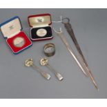 A George III silver meat skewer, crested, London 1792, maker Thomas Hobbs and sundry items,