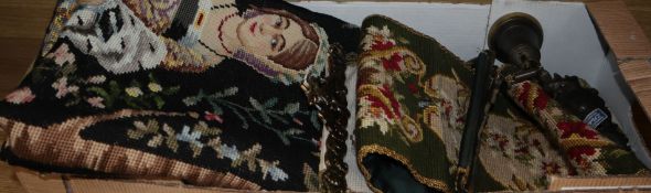 A large needlepoint figurative panel, a similar panel and two bell pulls