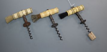 Three 19th century English Henshall type button steel corkscrews, with turned bone handles and