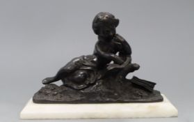 A French bronze of a girl reading, on a rectangular alabaster base height 18cm