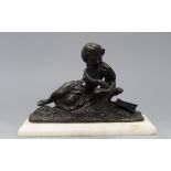 A French bronze of a girl reading, on a rectangular alabaster base height 18cm