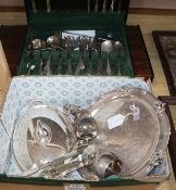 Sundry plated wares including two canteens, a sterling toad, etc