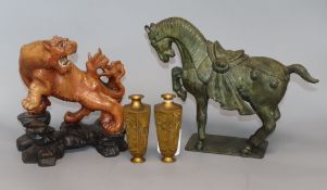 A pair of Komai-style vases, a Chinese bronze horse and a carved wood tiger