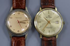 A gentleman's Jaeger Le Coultre wristwatch with red seconds hand, dated 1950 and a Bucherer gold