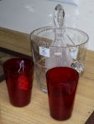 Two Whitefriars optic design ruby tumbler vases, a heavy lead crystal ice bucket and a cut glass