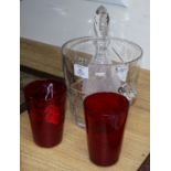 Two Whitefriars optic design ruby tumbler vases, a heavy lead crystal ice bucket and a cut glass