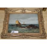 R. Wane, oil on mill board, Fishing boats along the coast, signed, 23 x 32cm