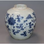 A 17th century Chinese blue and white ovoid jar, unglazed base height 17.5cm, lacking cover