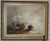 Ben Maile (1922-), oil on canvas, Fishing boats at low tide, signed, 50 x 65cm
