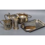 A heavy silver trinket dish, 13cm, two George V drum mustards, a tea strainer and stand, a