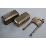 A Philippines silver mounted bronze betel nut box, a betel nut cutter and another box