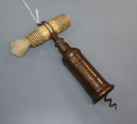 A 19th Century Thomason type patent double action brass corkscrew with bone handle, 18.5cm