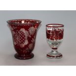 A Bohemian ruby flash cut glass vase and a glass tallest 16cm