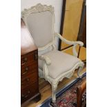 A pair of Louis XIV style large cream painted upholstered elbow chairs